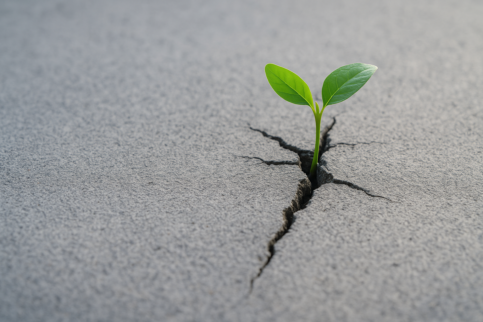 A small green plant with two leaves grows through a crack in dry, gray concrete, symbolizing resilience, renewal and growth in tough conditions.