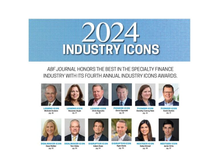 Graphic for ABF Journal’s 2024 Industry Icons Awards, recognizing leaders in the specialty finance industry. The top section features the text ‘2024 Industry Icons’ in large blue lettering. Below, headshots of twelve honorees are displayed in rows, each labeled with titles such as Legend Icon, Pioneer Icon, Dealmaker Icon, Disruptor Icon, and NextGen Icon. The layout highlights ABF Journal’s commitment to honoring excellence and innovation across asset-based lending and finance.
