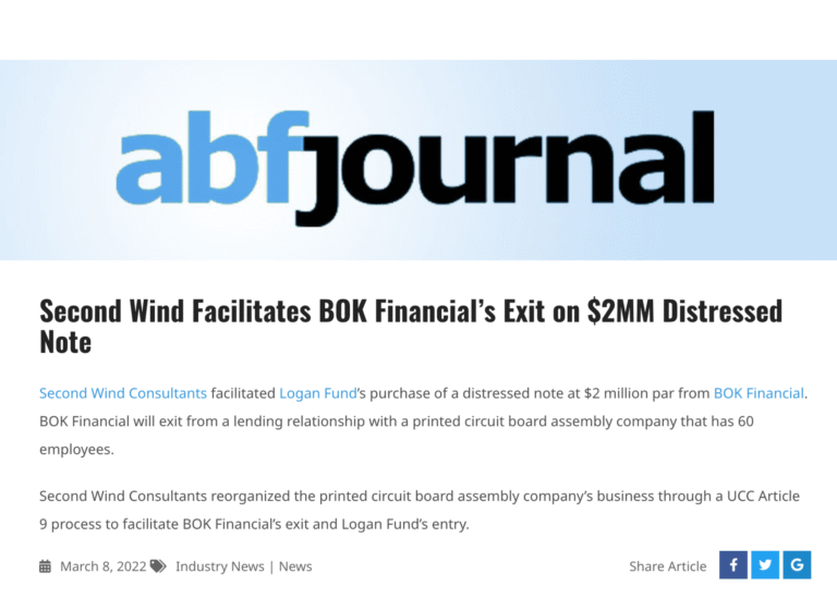 Second Wind Facilitates BOK’s Financial Exit on $2MM Distressed Note
