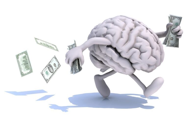 Cartoon brain with arms and legs running while holding cash, with dollar bills flying out behind it.