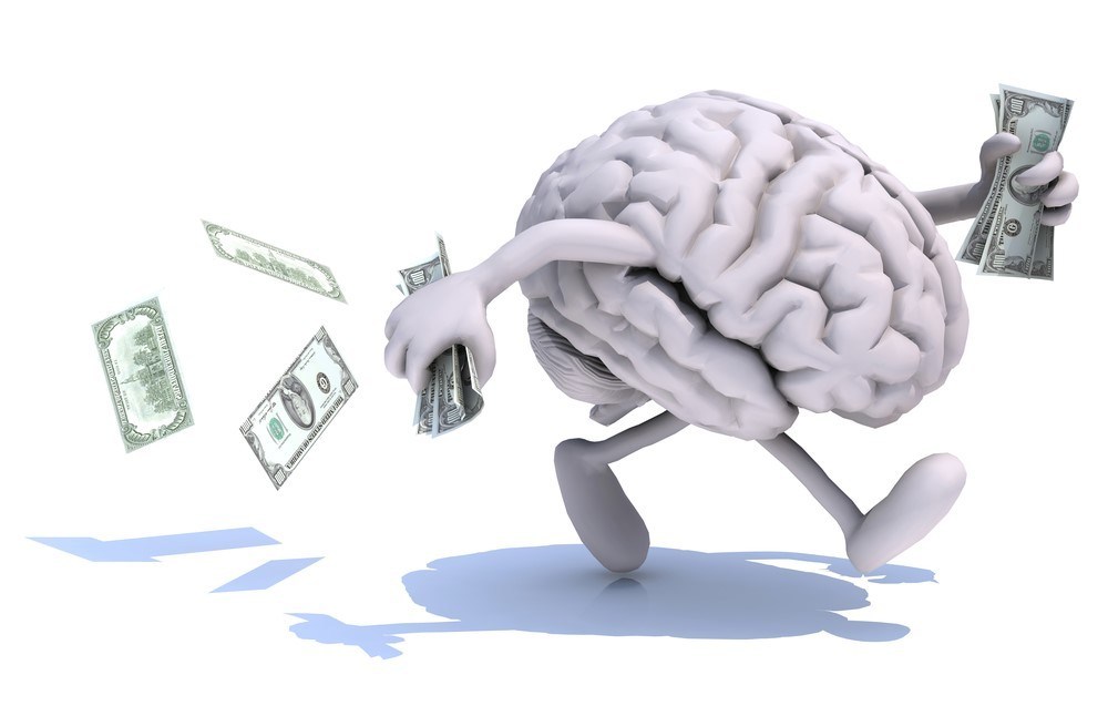 Cartoon brain with arms and legs running while holding cash, with dollar bills flying out behind it.