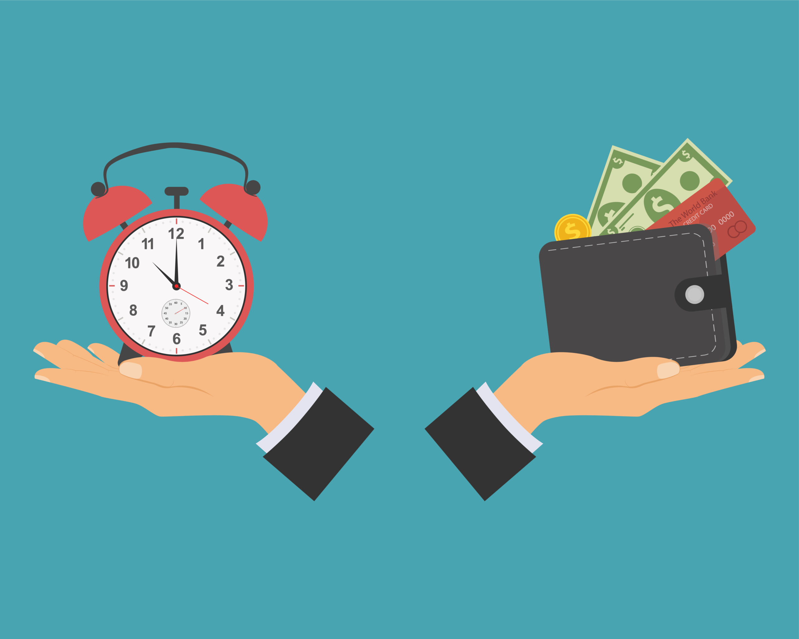 Illustration of two hands in business suits—one holding a red alarm clock, the other holding a wallet filled with cash, coins, and a credit card—symbolizing the balance between time and money. Represents how business owners must manage both carefully when seeking to qualify for an SBA loan modification or deferment.
