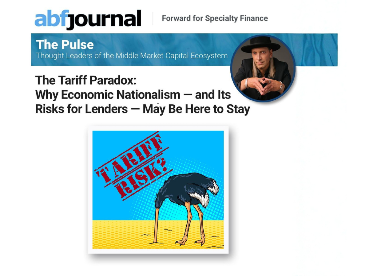 Magazine-style graphic from ABF Journal featuring a section titled ‘The Pulse’ and a headshot of a man in a hat. The headline reads ‘The Tariff Paradox: Why Economic Nationalism—and Its Risks for Lenders—May Be Here to Stay.’ Below the headline is an illustration of an ostrich with its head in the sand next to the words ‘Tariff Risk?’ in red block letters.