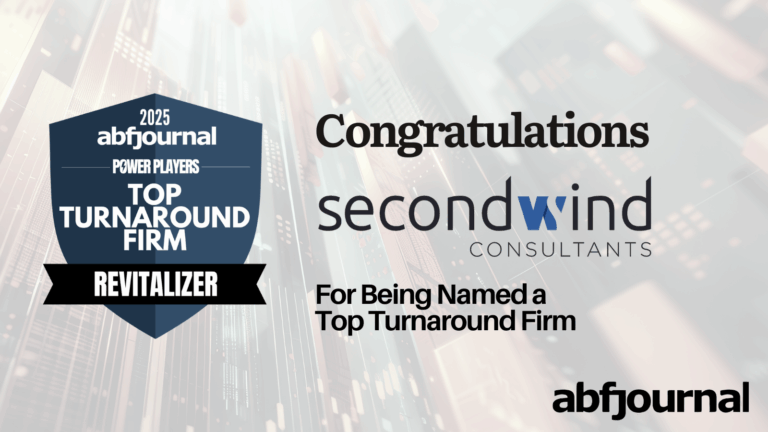 A graphic announcing that Second Wind Consultants has been named a 2025 ABF Journal Power Players Top Turnaround Firm in the Revitalizer category. The left side shows a blue shield-style badge with the text “2025 abfjournal Power Players Top Turnaround Firm Revitalizer.” The right side reads “Congratulations Second Wind Consultants For being named a Top Turnaround Firm,” with the ABF Journal logo at the bottom.