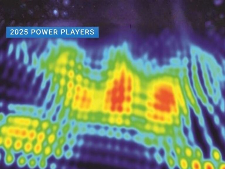 Abstract heatmap-style graphic with glowing bands of blue, green, yellow and red forming a wave-like pattern on a dark background. A blue label in the top left reads “2025 Power Players,” suggesting concentrated areas of influence or activity.